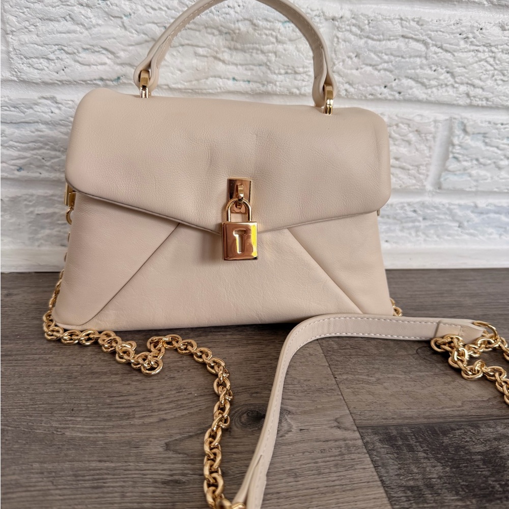 Ted Baker Beige Leather Top-Handle Bag with Gold Chain Strap